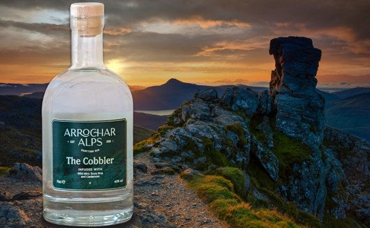 Clear glass gin bottle with the words 'Arrochar Alps The Cobbler' in white on a green label. The background is a striking sunset view of Scottish hills.
