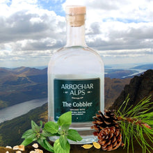 Load image into Gallery viewer, Bottle of The Cobbler gin with mountains and sky behind and pine cones to the right and mint, oats and seeds in front.
